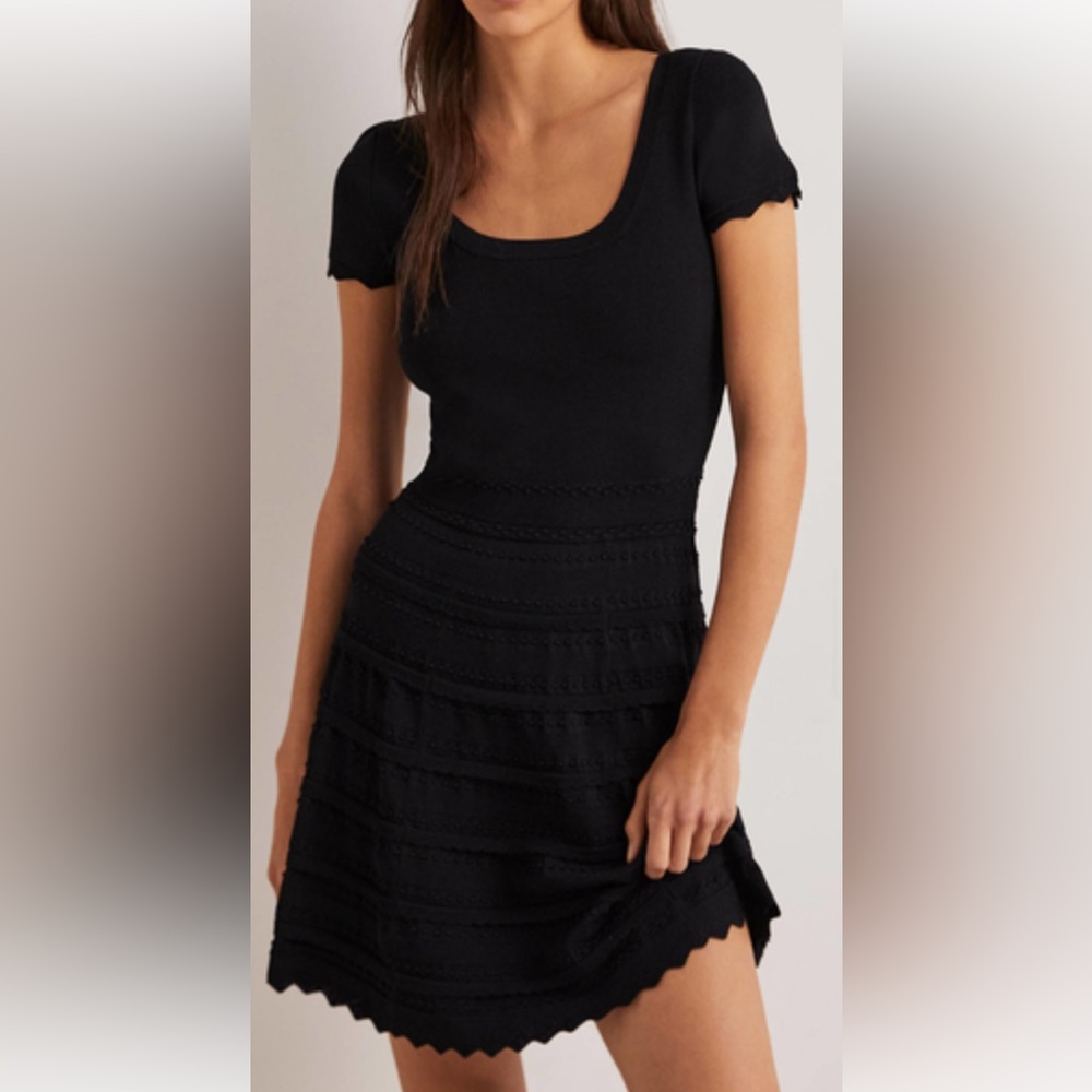 Black scallop hem, knot detail jersey Boden dress US 8/UK 12